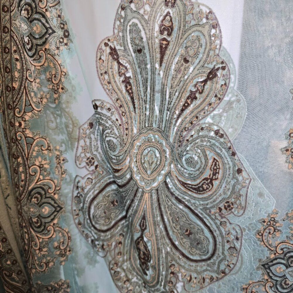 KIMONO SHEER ONE SIZE PAISLEY PRINT TEAL BROWN BURNOUT PATTER FRINGE - Picture 6 of 11
